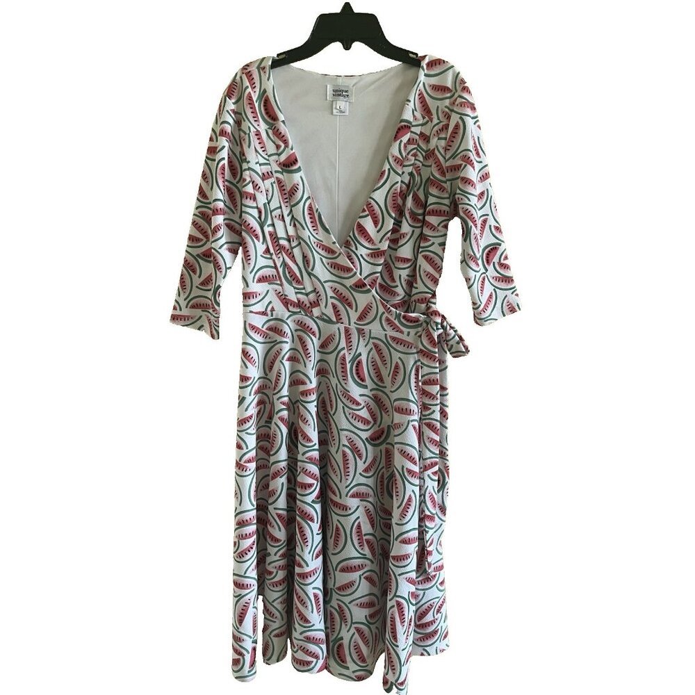 Unique Vintage Watermelon Wrap V-neck Midi Dress Pinup Size Large New Rockabilly